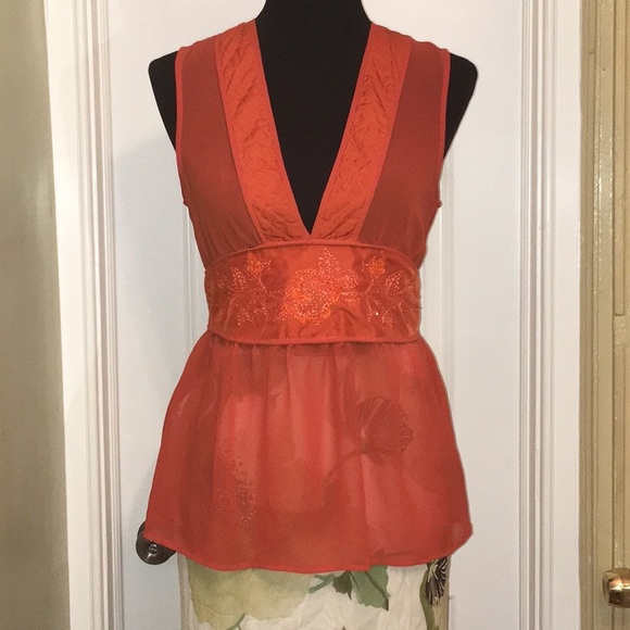 🍂🍁 Fall Vintage H&M Orange Chiffon Embellished Top Sz 6 - Picture 2 of 8